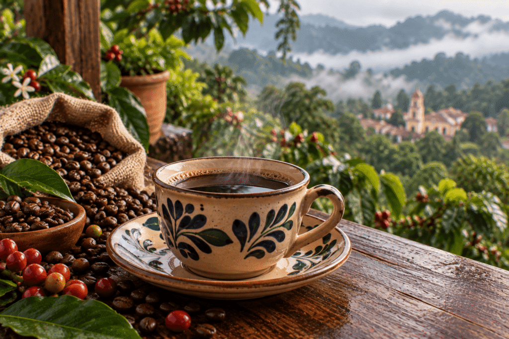 Taza de café negro de la región Xalapa–Coatepec con granos tostados y cerezas de café, frente al paisaje verde y brumoso de las montañas de Veracruz.