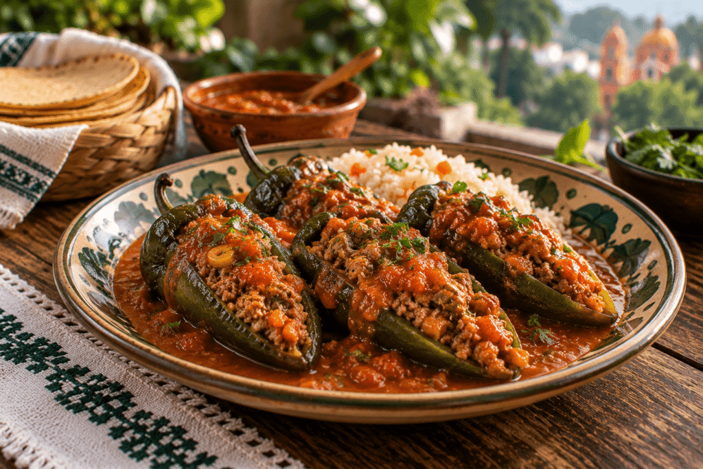 Chiles jalapeños rellenos de picadillo al estilo de Xalapa, Veracruz, servidos en cerámica artesanal sobre una mesa de madera con vegetación verde al fondo.
