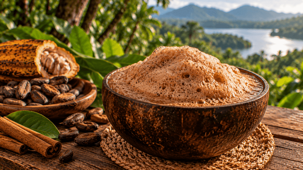 Popo tradicional de Los Tuxtlas servido en jícara, bebida de cacao cubierta por abundante espuma, rodeada de cacao y vegetación tropical de Veracruz.