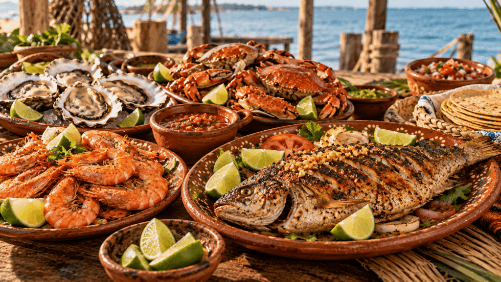 Mesa tradicional con pescados y mariscos del Golfo de México en Coatzacoalcos, con pescado entero, camarones, jaibas y ostiones acompañados de limón, salsas y tortillas de maíz.