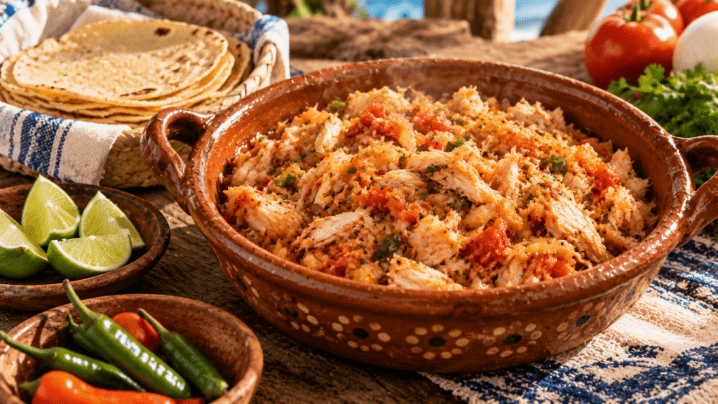 Minilla de pescado tradicional de Coatzacoalcos servida en cazuela de barro, preparada con pescado blanco desmenuzado, jitomate, cebolla y chile, acompañada de tortillas, limón y chiles frescos.