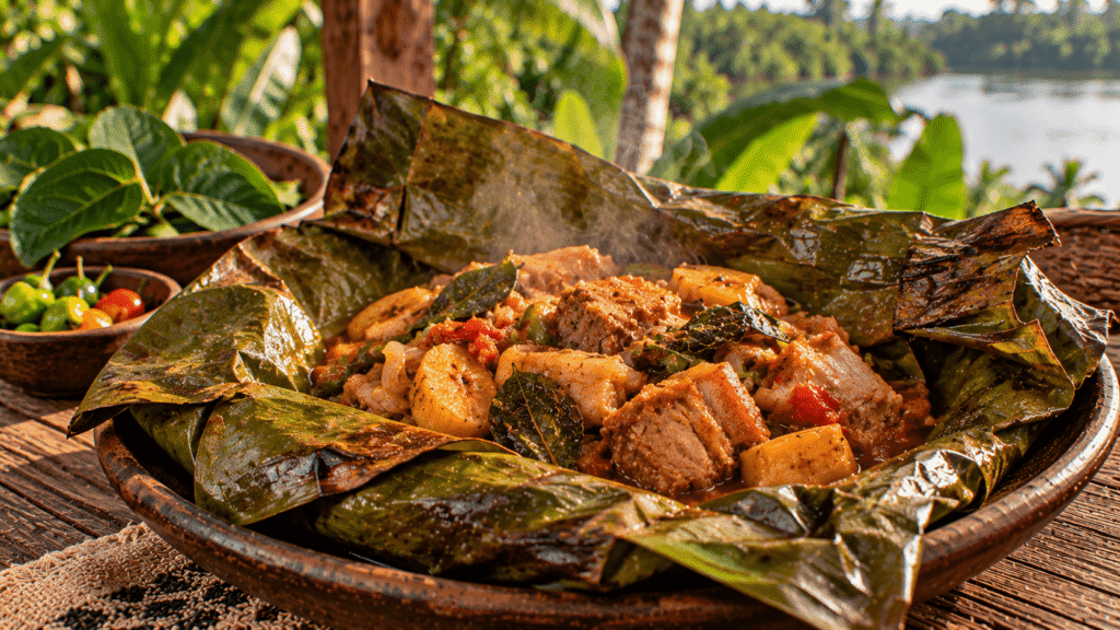 Mone de cerdo tradicional de Tabasco con tomate, plátano verde, cebolla, chile y hoja de momo, cocido y servido dentro de una hoja de plátano.