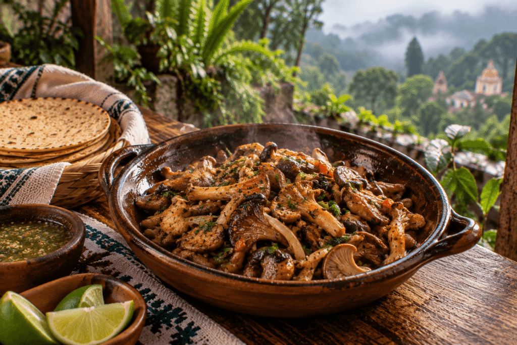 Hongos silvestres guisados con cebolla, chile y hierbas, servidos en barro con tortillas de maíz, entre vegetación húmeda del bosque montañoso de Xalapa, Veracruz.