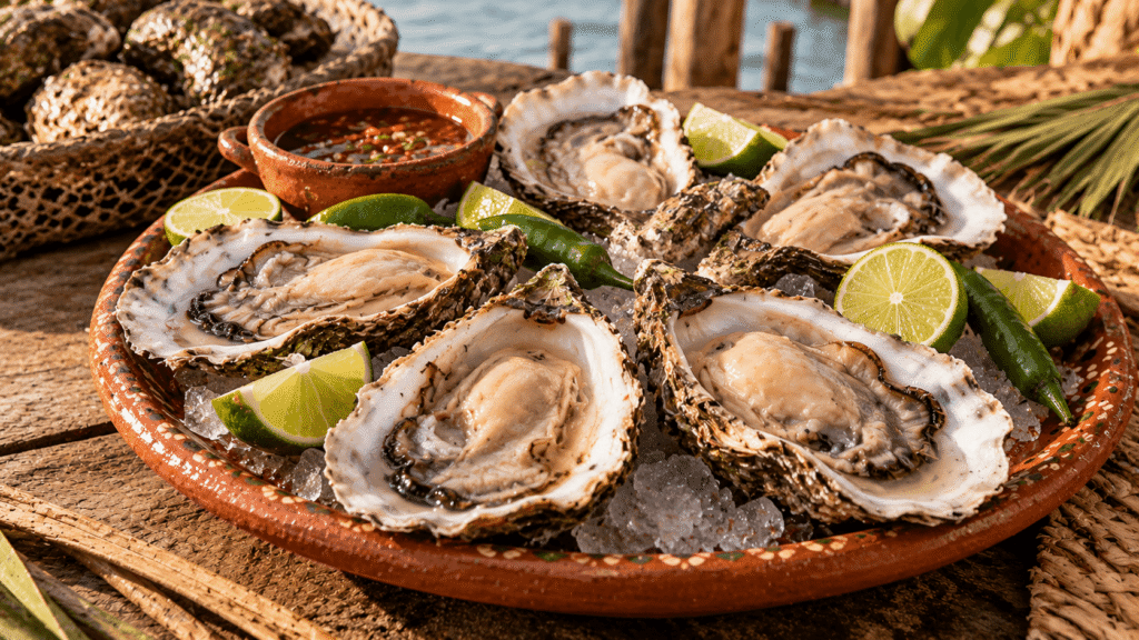 Ostiones frescos de Las Barrillas, Coatzacoalcos, abiertos en su concha y servidos sobre hielo con limón, chile verde y salsa picante en una cazuelita de barro.