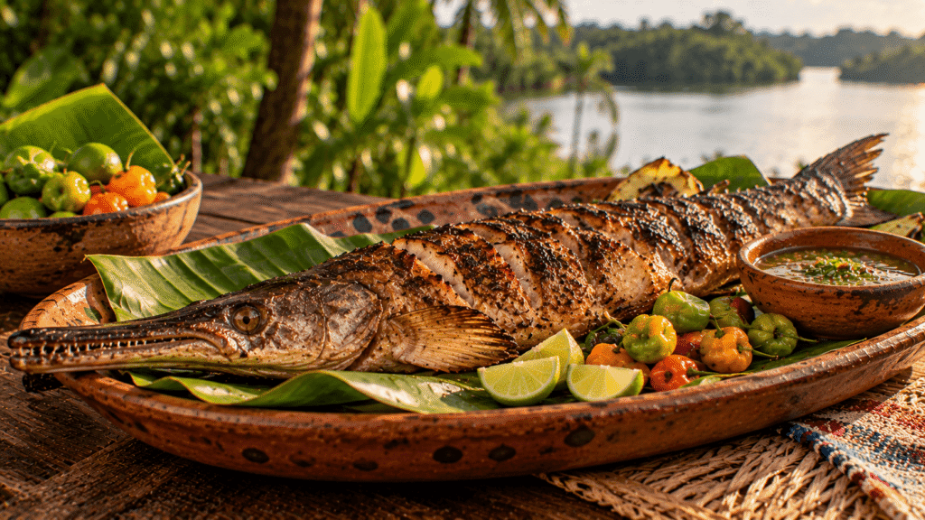 Pejelagarto entero asado tradicional de Tabasco, servido sobre hoja de plátano con limón, chile amashito y salsa, en un ambiente tropical inspirado en los humedales tabasqueños.