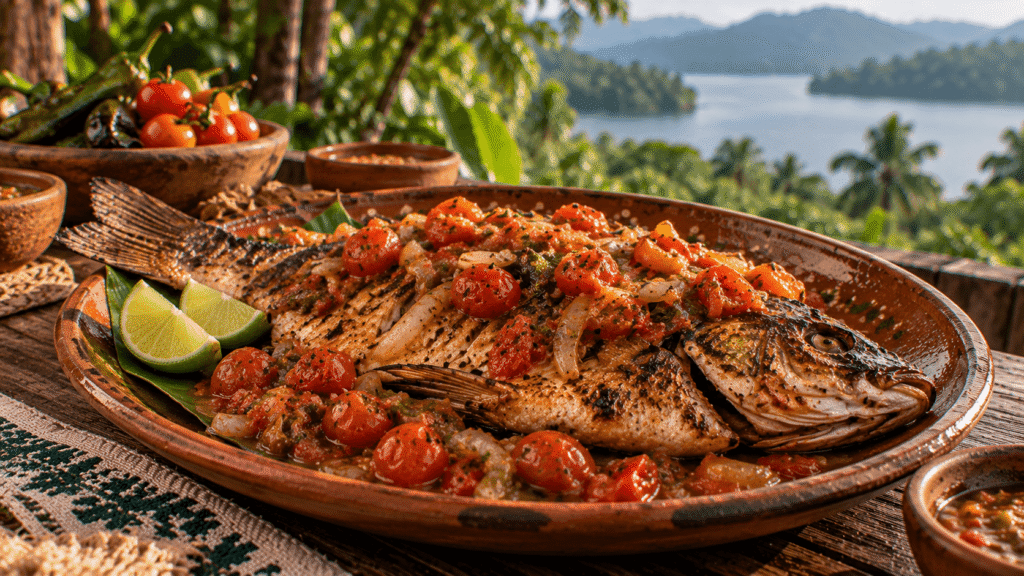 Mojarra tachogobi tradicional de Catemaco asada y servida con jitomates y chile en plato de barro, con el lago y la vegetación de Los Tuxtlas al fondo.