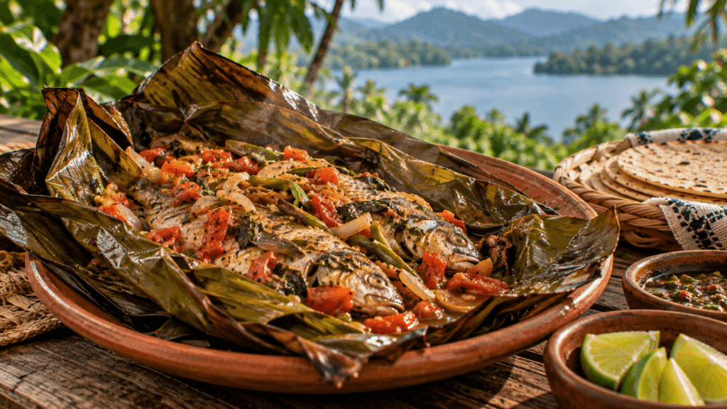 Topotes de Catemaco cocidos tradicionalmente entre hojas con jitomate y chile, servidos en barro con el Lago de Catemaco y la vegetación de Los Tuxtlas al fondo.