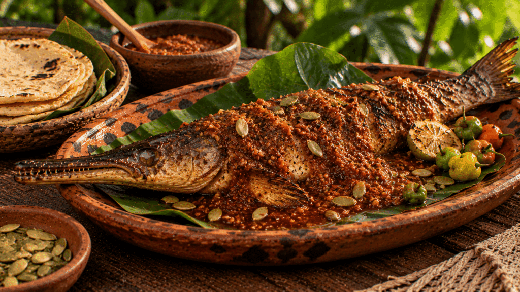 Pejelagarto asado con chirmol tradicional tabasqueño, servido en barro con pepitas, chile amashito y tortillas de maíz en un ambiente tropical.