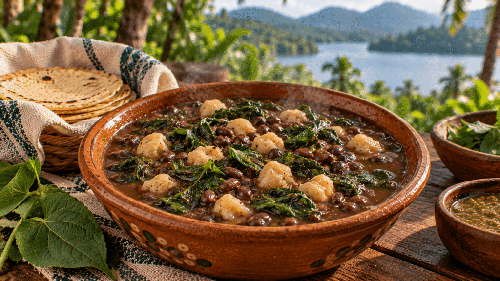 Frijoles con hojas de chonegui y bolitas de masa de maíz, servidos en barro con tortillas hechas a mano y el paisaje tropical de Catemaco al fondo.
