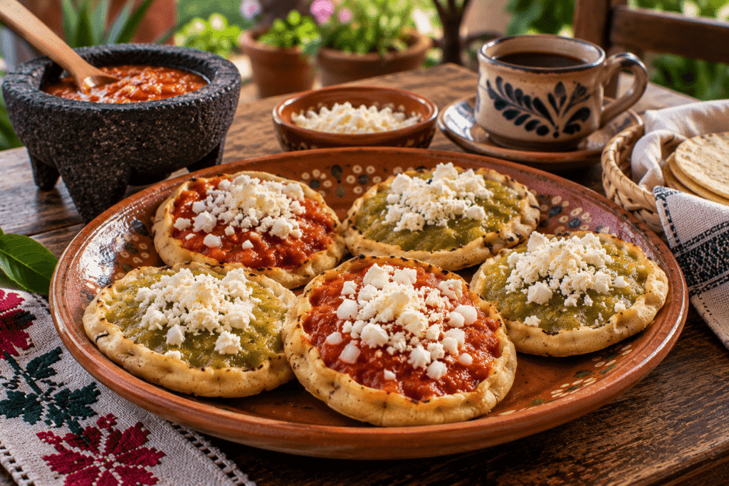 Picadas veracruzanas de maíz con bordes pellizcados, salsa roja y verde, cebolla y queso fresco, acompañadas de café en una mesa tradicional de Xalapa.