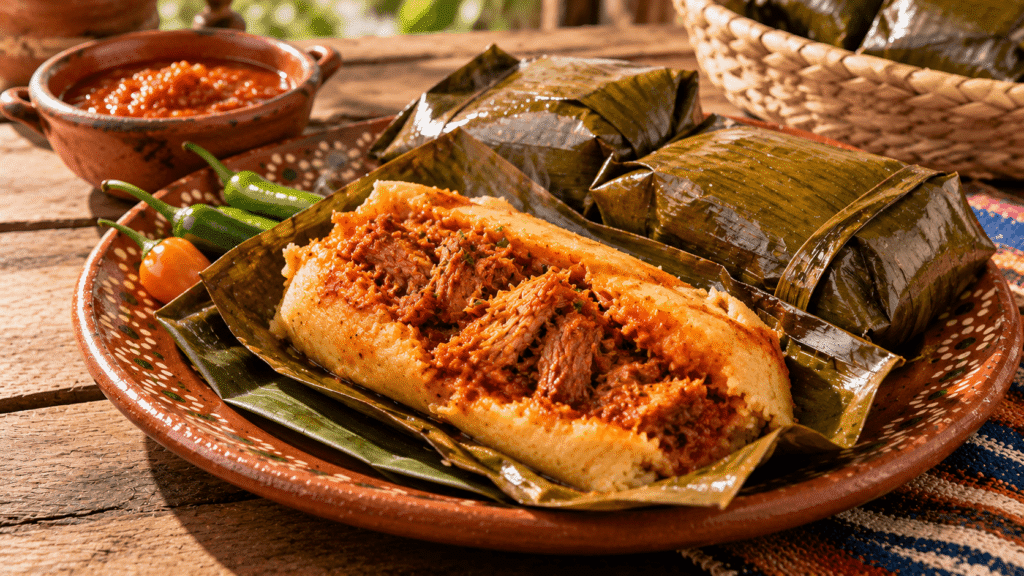 Chanchamitos tradicionales del sur de Veracruz servidos en plato de barro, con un tamal abierto que muestra la masa de maíz y el relleno de carne de cerdo en adobo rojo, acompañado de salsa y chiles frescos.