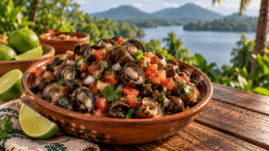 Tegogolos tradicionales de Catemaco preparados con jitomate, cebolla, cilantro, chile y limón, servidos en barro con el Lago de Catemaco y vegetación tropical al fondo.