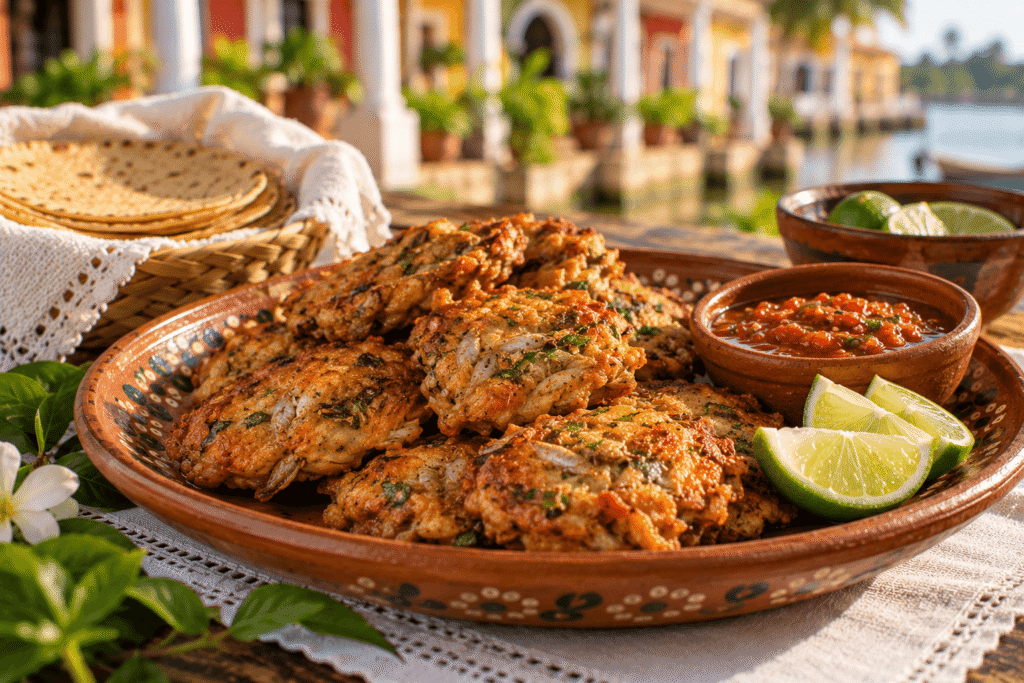 Tortitas de tismiche tradicionales de la cuenca del Papaloapan, Veracruz, servidas con salsa de jitomate y chile, limón y tortillas de maíz.